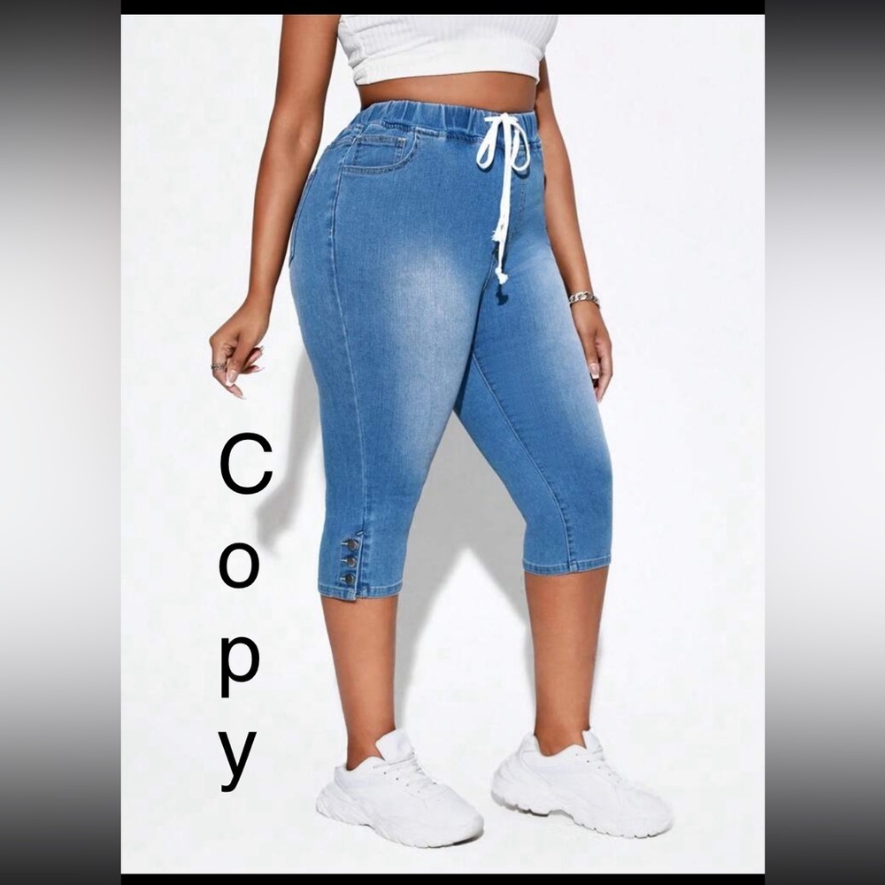 Plus Drawstring Waist Button Hem Skinny Jeans